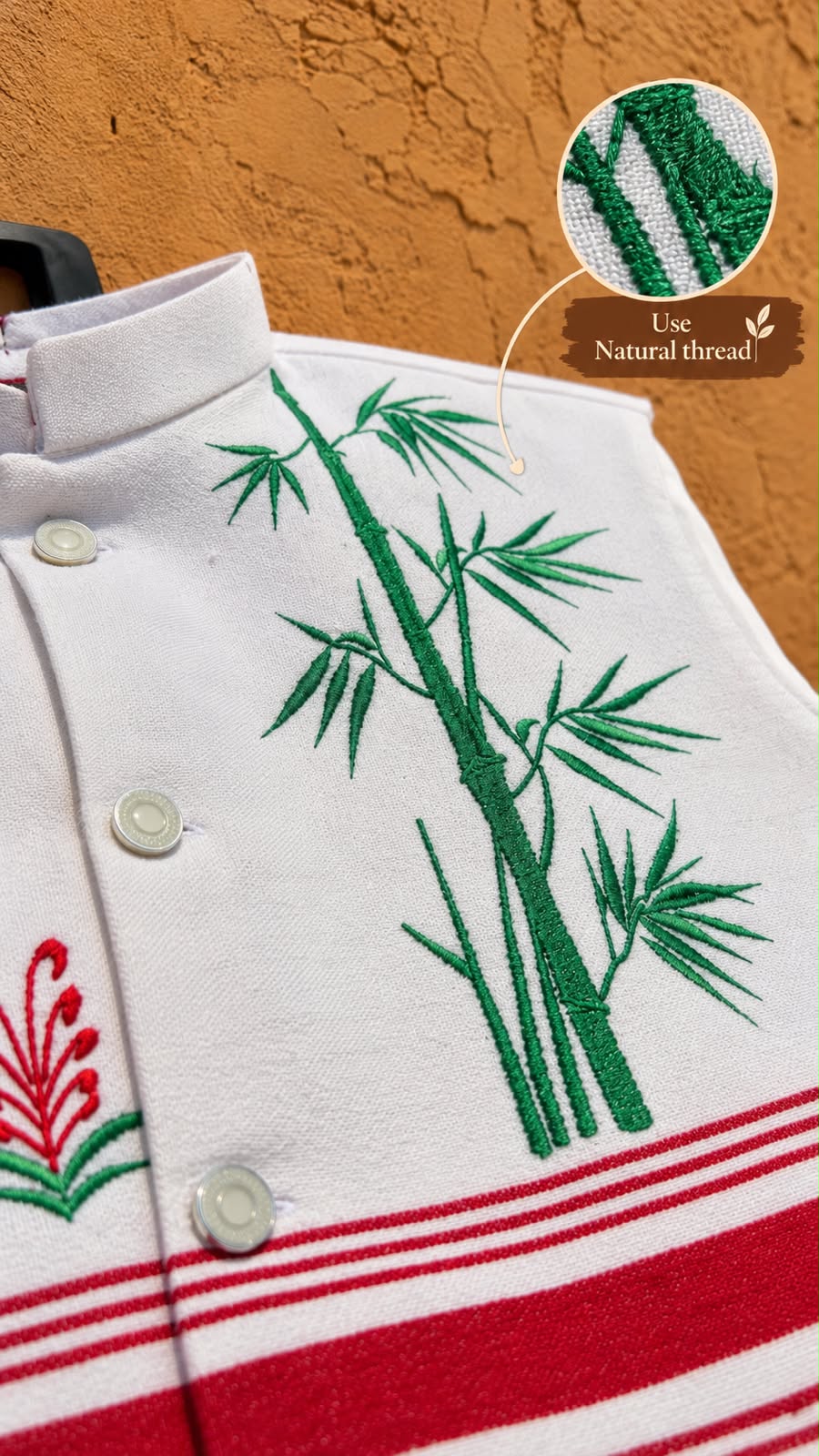 White & Red Handloom Paṭṭa Bandi | Bamboo Embroidery | Jharkhand Handloom Waistcoat