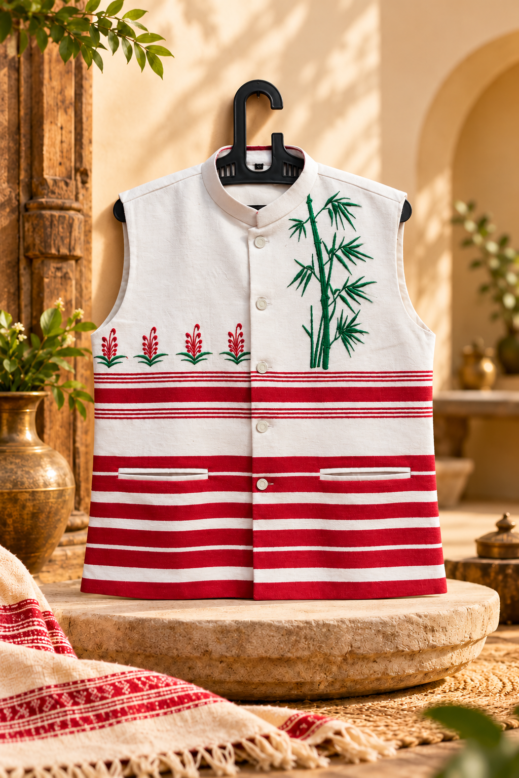 White & Red Handloom Paṭṭa Bandi | Bamboo Embroidery | Jharkhand Handloom Waistcoat