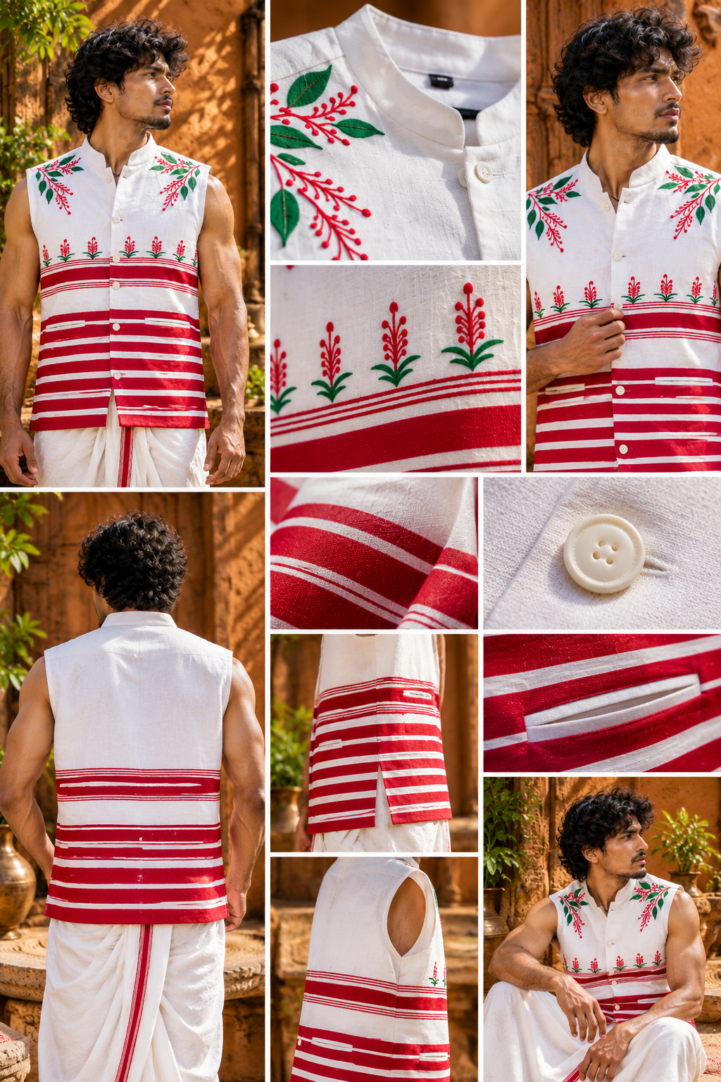 Adivasi Tribal Vest | Embroidered Sleeveless Jacket | White & Red Cotton | Traditional Jharkhand Wear