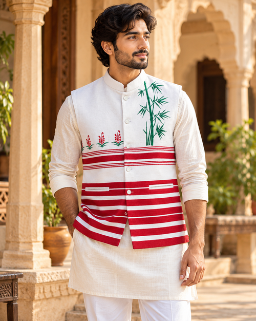 White & Red Handloom Paṭṭa Bandi | Bamboo Embroidery | Jharkhand Handloom Waistcoat