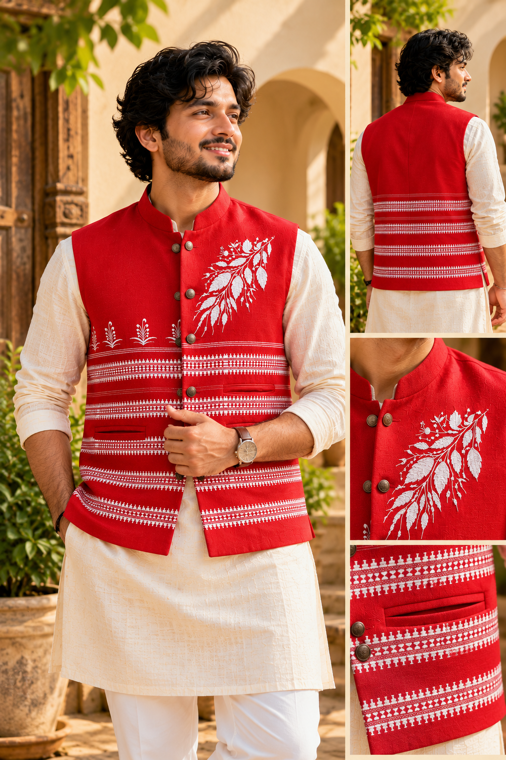 Red Handloom Paṭṭa Bandi | Natural Thread Embroidery | Jharkhand Handloom Waistcoat