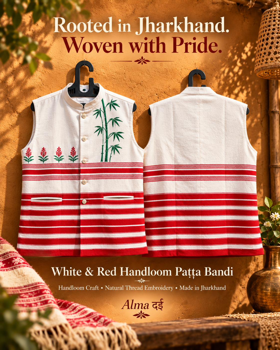 White & Red Handloom Paṭṭa Bandi | Bamboo Embroidery | Jharkhand Handloom Waistcoat