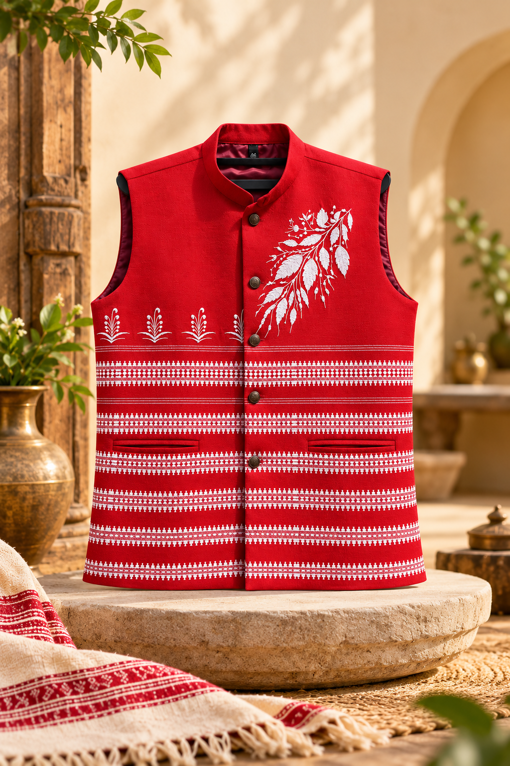 Red Handloom Paṭṭa Bandi | Natural Thread Embroidery | Jharkhand Handloom Waistcoat