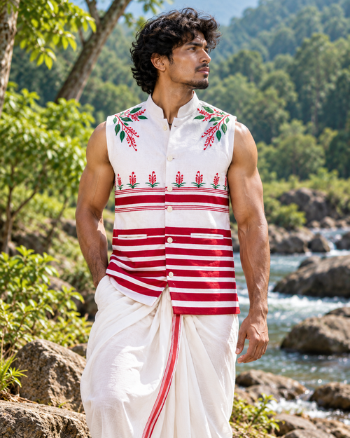 Adivasi Tribal Vest | Embroidered Sleeveless Jacket | White & Red Cotton | Traditional Jharkhand Wear