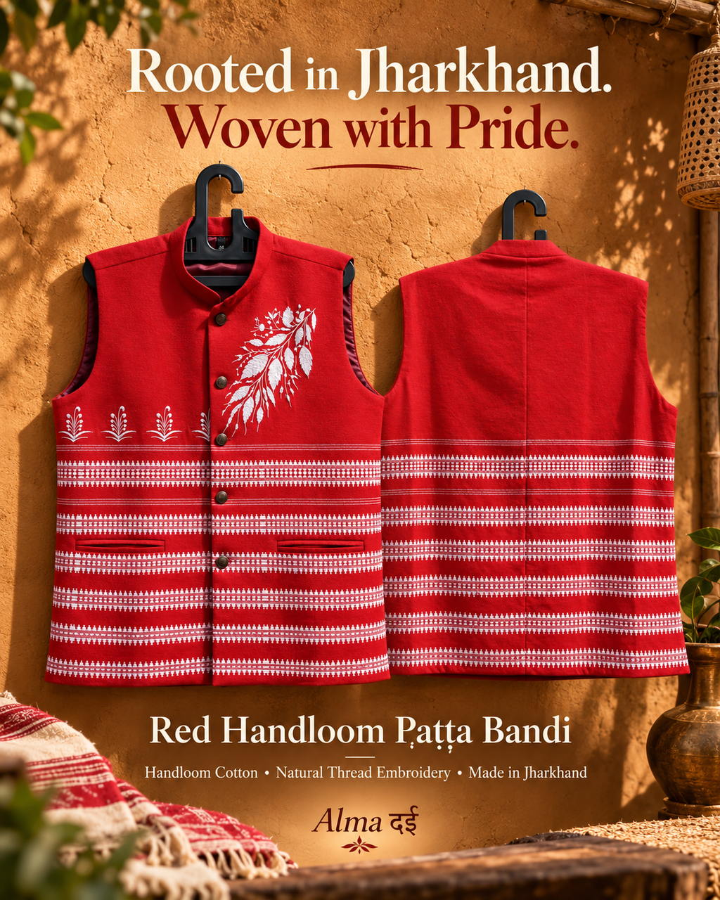 Red Handloom Paṭṭa Bandi | Natural Thread Embroidery | Jharkhand Handloom Waistcoat