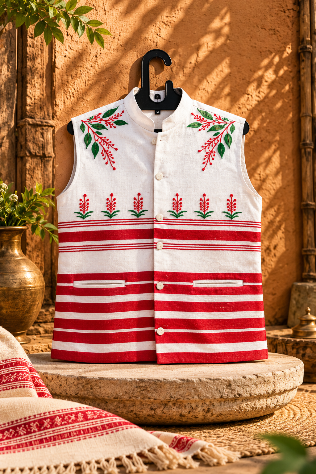 Adivasi Tribal Vest | Embroidered Sleeveless Jacket | White & Red Cotton | Traditional Jharkhand Wear